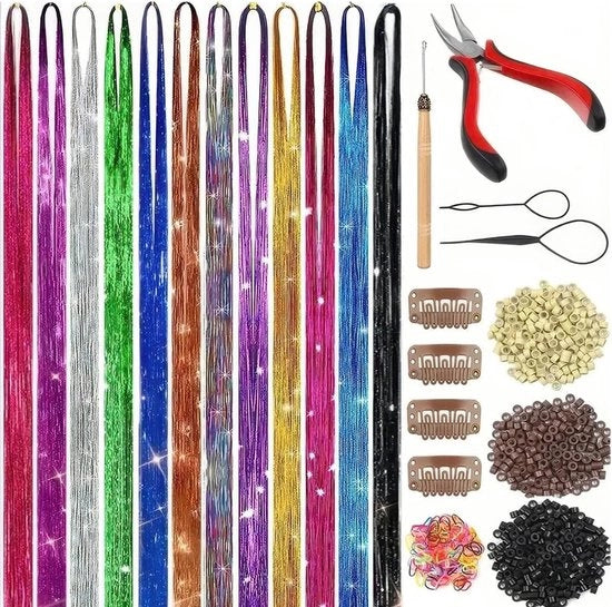 Accessori per capelli brillanti - 120 cm - 12 colori - Incluso strumento - Lucentezza a lungo termine - Adatto per ragazze e donne - Ideale per feste, cosplay, Halloween, Natale e altro