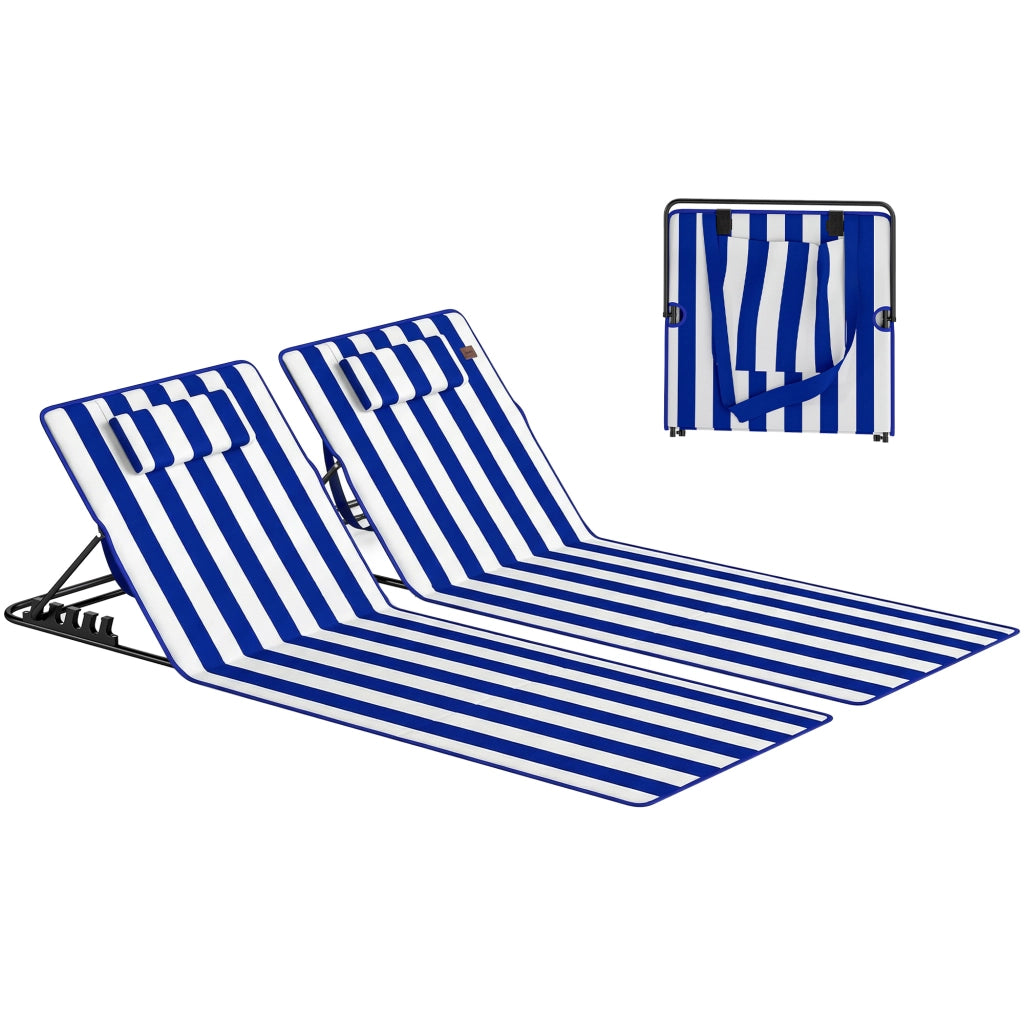 Set 2 Materassini Mare con Schienale Regolabile su 4 Livelli, in Acciaio e Poliestere, 154x57x52 cm, Blu Bianco