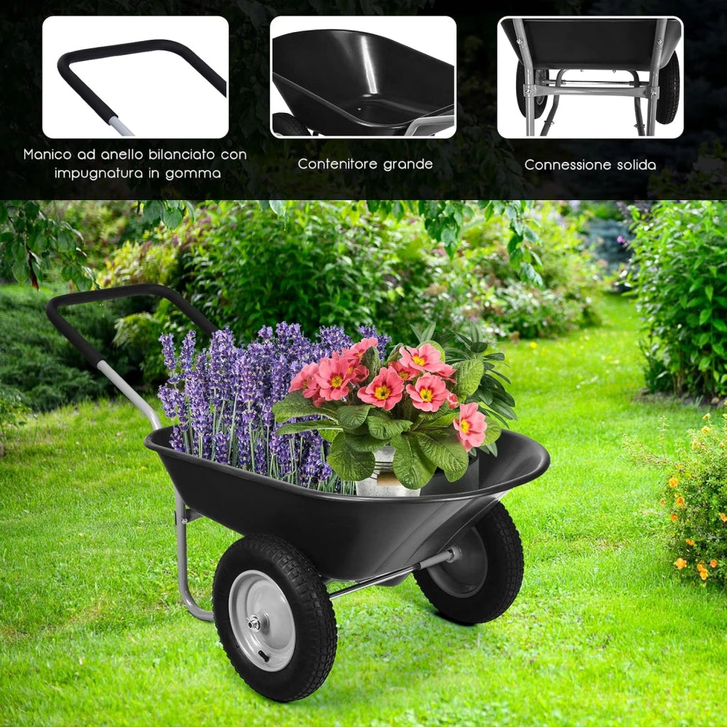 Carriola con 2 Ruote da Giardino, Carrello Resistente con Struttura in Acciaio Robusto, Ruote Pneumatiche 35,5 cm, Capacità 75L, Portata Max 100 kg (Nero)
