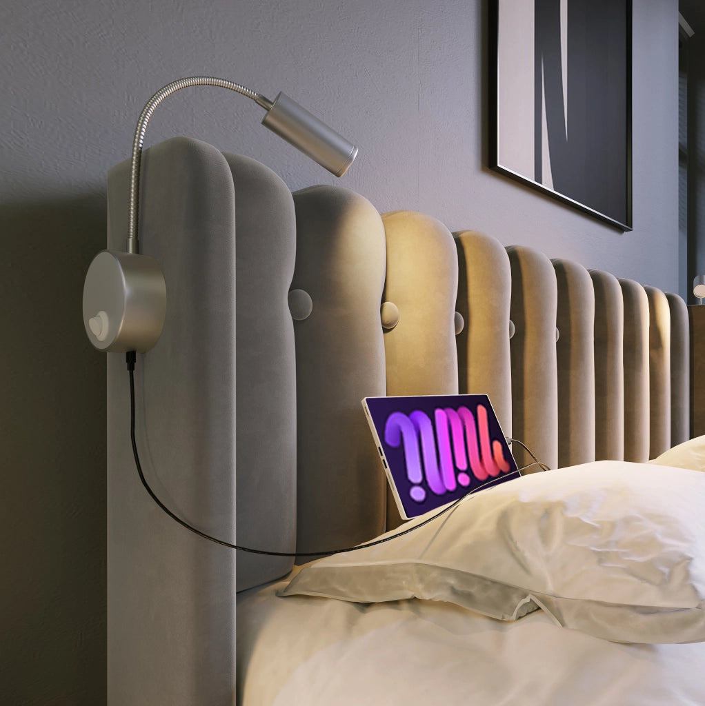 Letto singolo 90x200 cm in velluto grigio con luce da lettura; USB e contenitore