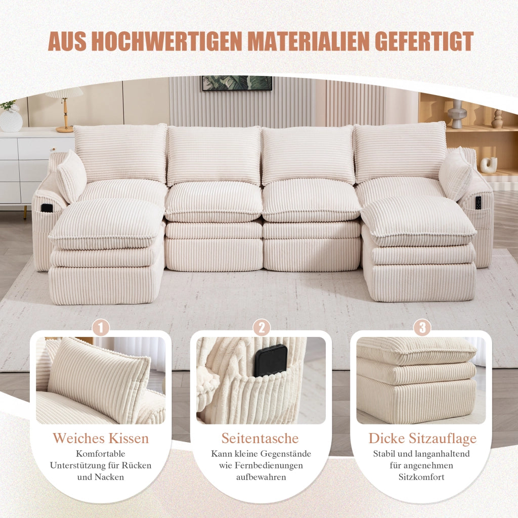 Divano modulare 4 posti con tasche laterali e cuscini; configurazione flessibile; in corduroy beige