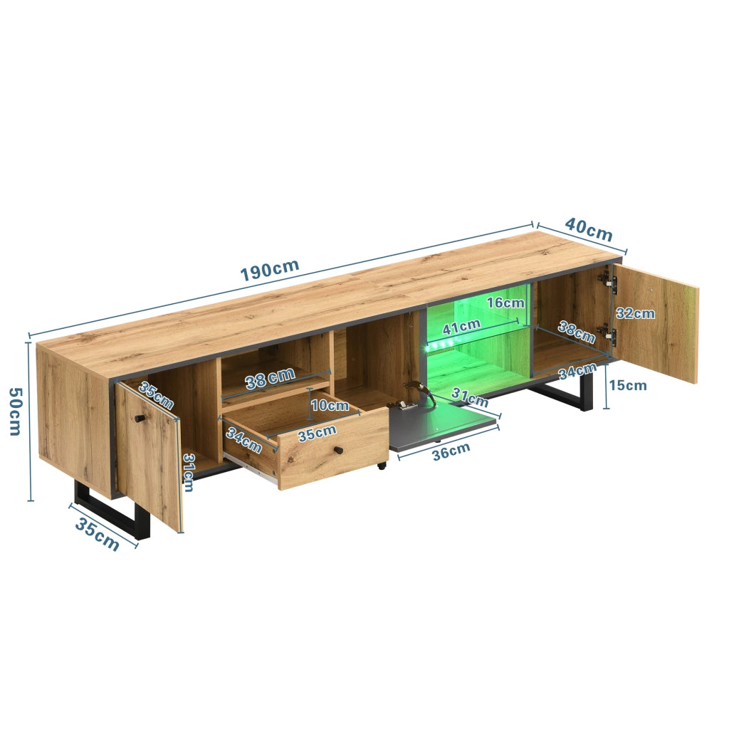 Mobile TV con 3 Ante; 1 Cassetto e 3 Vani e LED; Ripiani in Vetro; Stile Industriale; in Truciolare; Naturale; 190??40??50 cm
