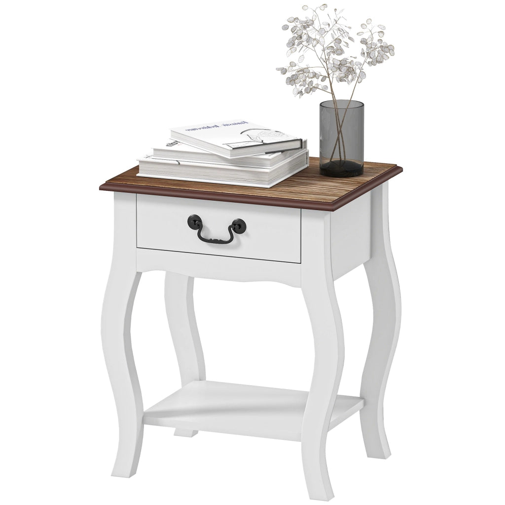 Comodino con Cassetto e Ripiano Aperto in Stile Francese in Legno, 45x35x55 cm, Bianco e Rovere