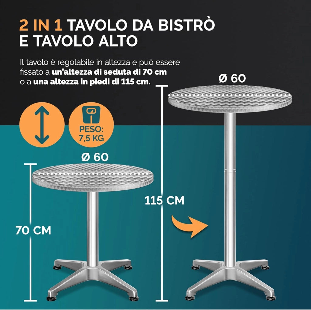Set di 2 Tavoli da Bar Pieghevole Regolabile 70cm / 115cm Alluminio Rotondo Ø 60cm Tavolo Giardino Bistrot