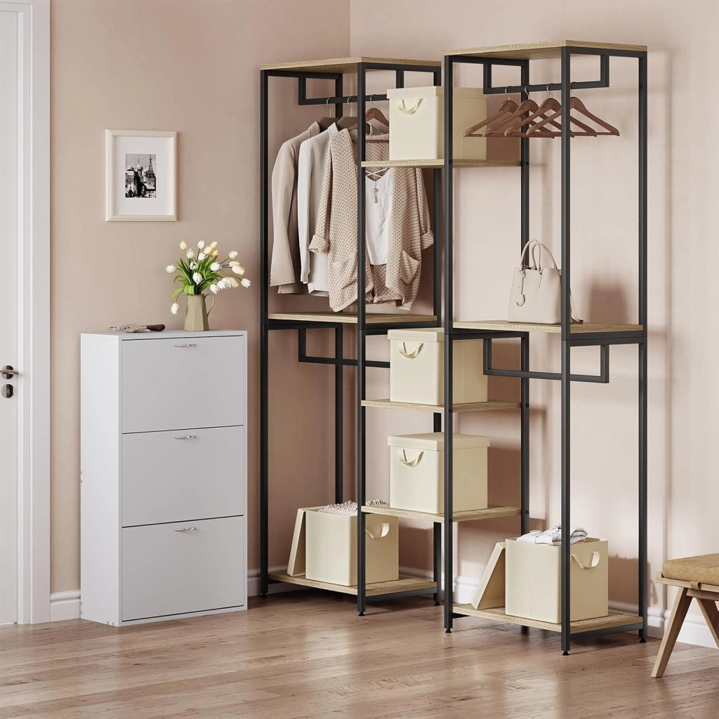 Scatole Contenitori Pieghevoli Set di 10, Cubi in Tessuto con Manico, Coperchio e Struttura in Metallo, Organizer per Armadio e Scaffale, Crema, 27x27x27cm