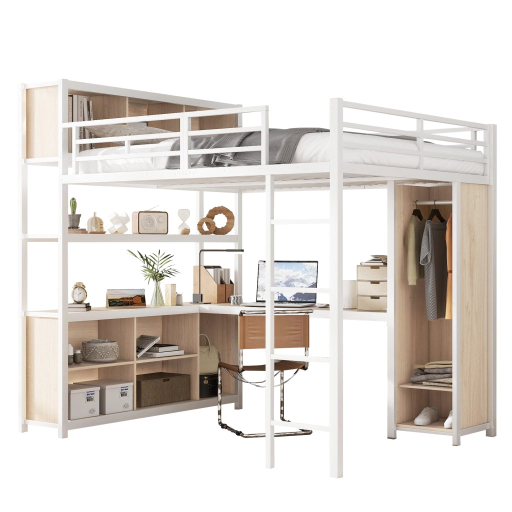Letto a soppalco 140x200 cm con scrivania armadio e vani portaoggetti