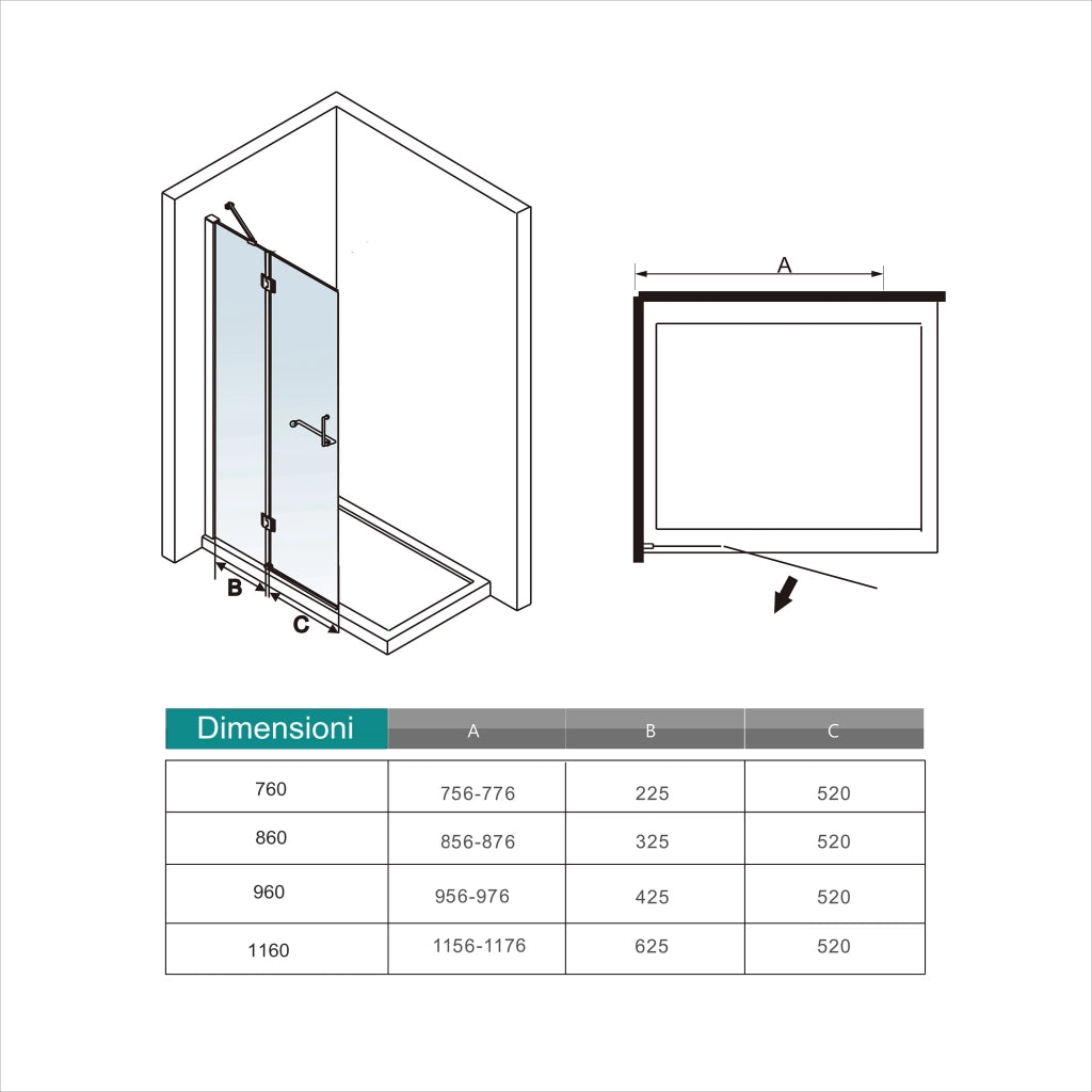WALK IN Parete Doccia Paretina Fissa + Porta Movibile 116x190 cm in Vetro 8 mm Trasparente Temperato Anticalcare con Barra Stabilizzatrice Telaio Cromato Lucido