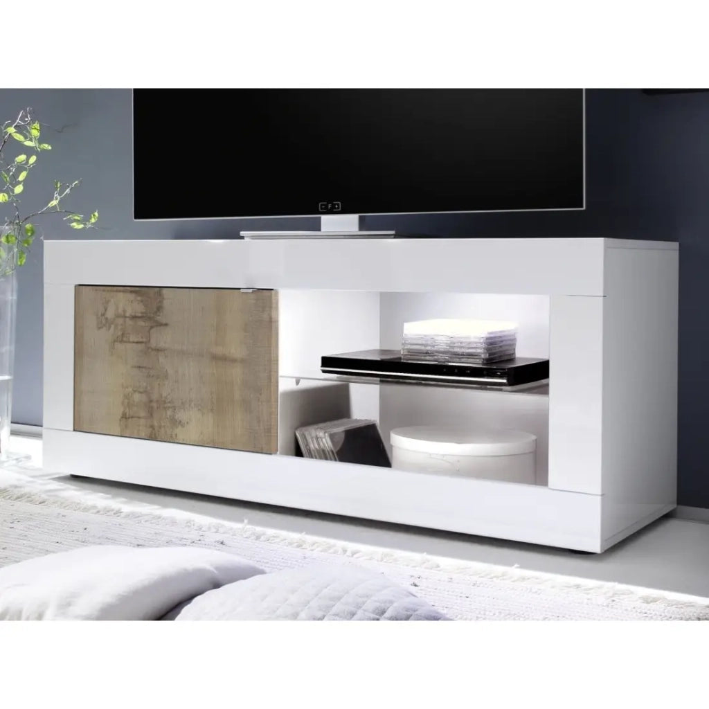Mobile TV 1 porta, collezione ISORA, colori bianco lucido laccato e rovere chiaro