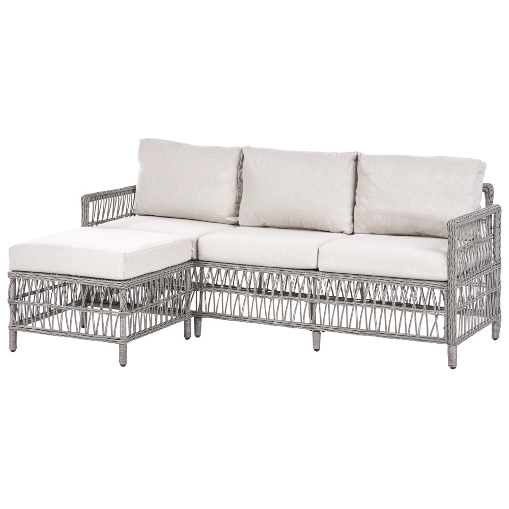 Divano da giardino angolare con pouf in rattan PE grigio a 3 posti divano da esterno in vimini intrecciato stile tradizionale