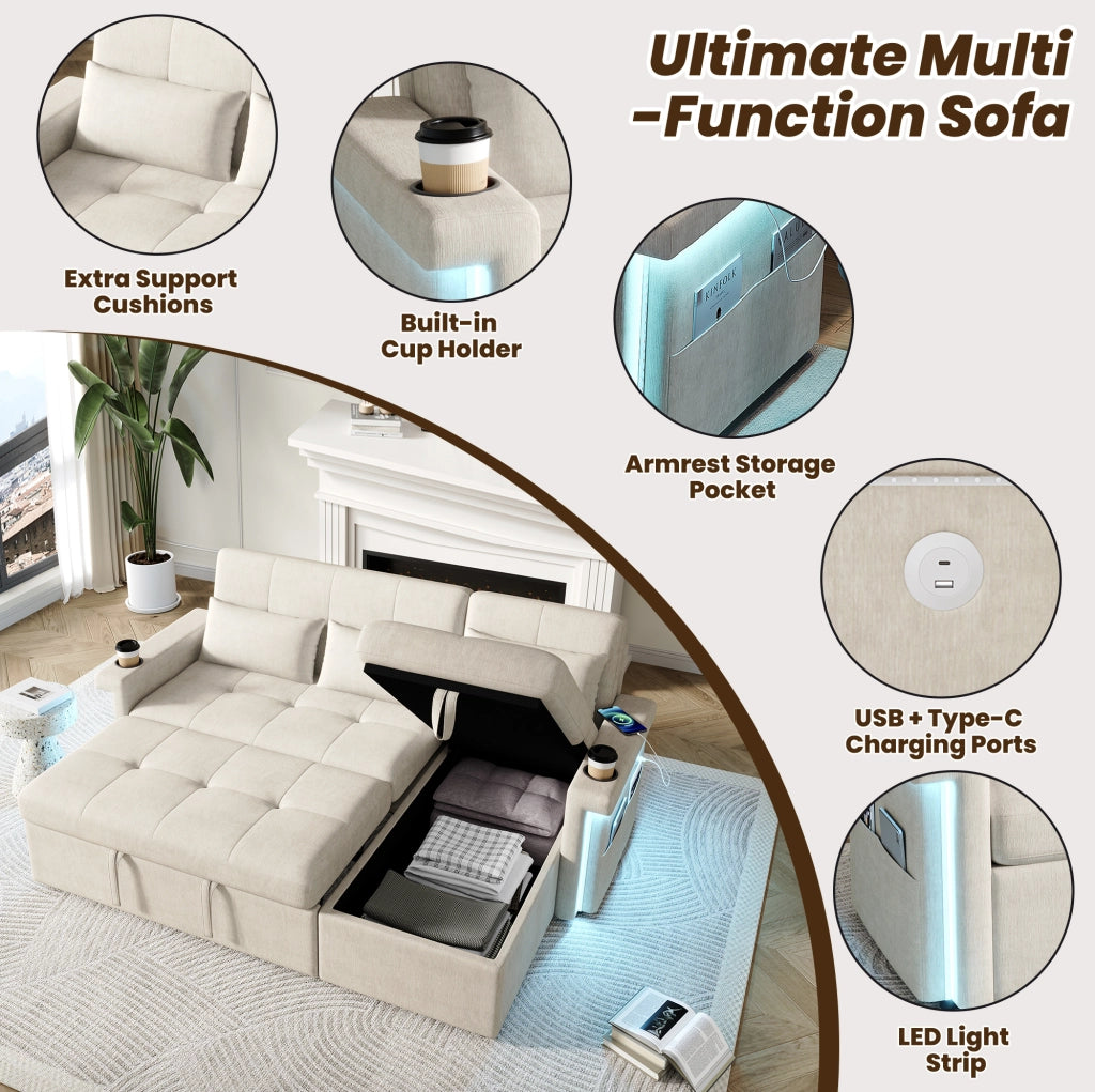 Divano letto angolare 209x141;5x90 cm in ciniglia beige con LED; USB e USB-C
