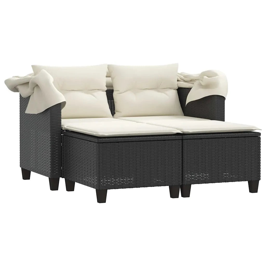 Divano Giardino 2 Posti Baldacchino e Sgabelli Nero Polyrattan 365780