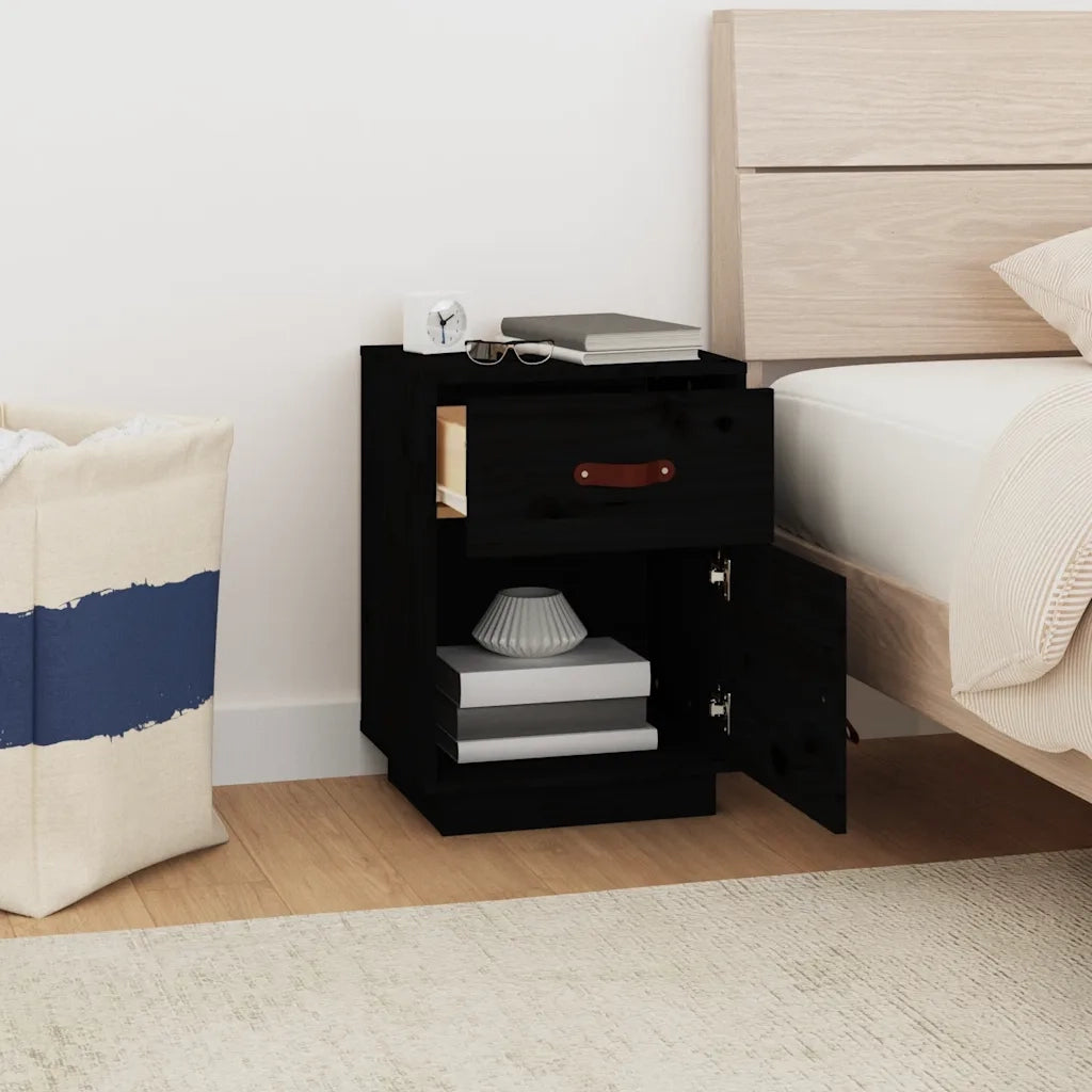 Comodino | Armadio da Notte | Mobiletto da notte Nero 40x34x55 cm in Legno Massello di Pino