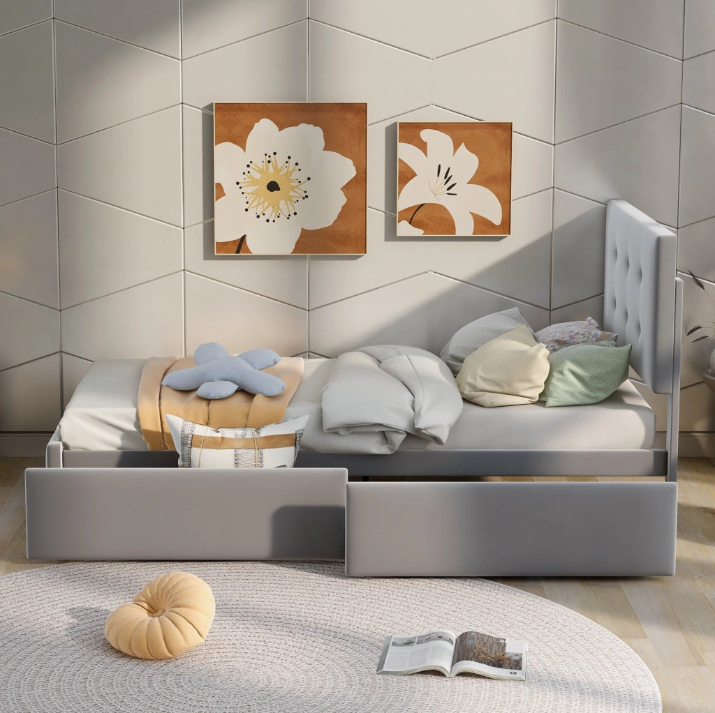 Letto imbottito classico con cassetto e rete a doghe