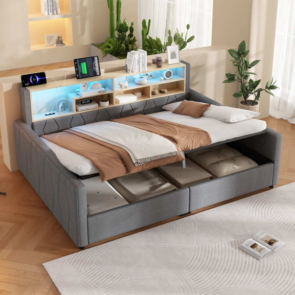 Letto contenitore 140x200 in lino grigio con luce LED regolabile