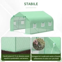 Serra da Giardino 3.5 x 3 x 2m con Tetto Spiovente in PE, Porta e 6 Finestre, Verde