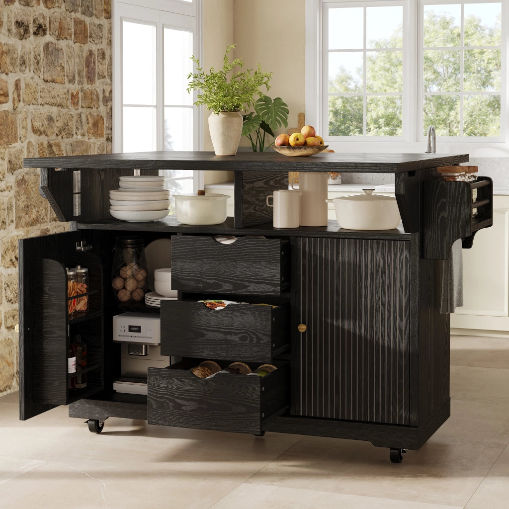Carrello da cucina con 3 cassetti e ripiani regolabili; 2 allunghe pieghevoli; per cucina e sala da pranzo; in MDF e metallo; nero