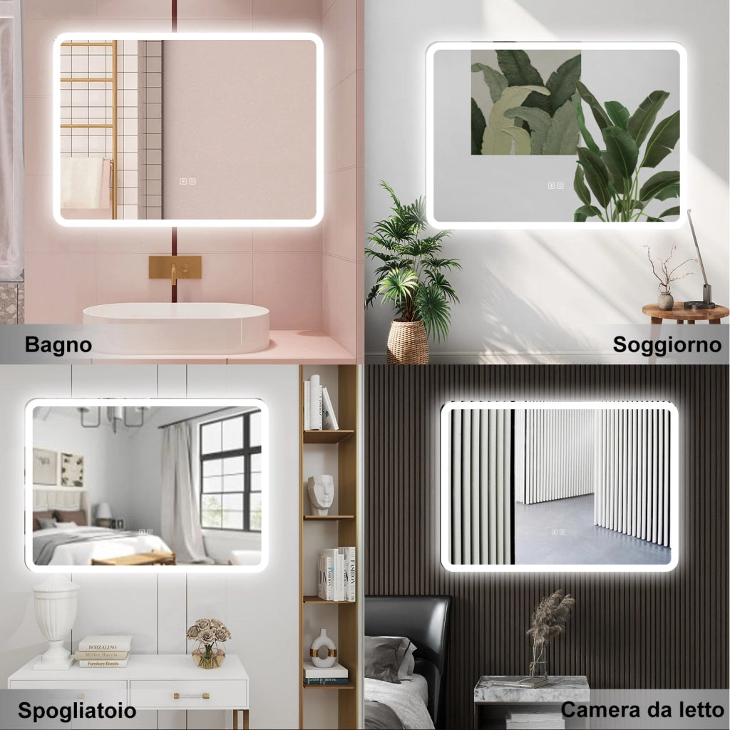 AICA Specchio da bagno  80 x 60 cm, dimmerabile, Blue tooth, Funzione Memoria, antiappannamento, 3 colori