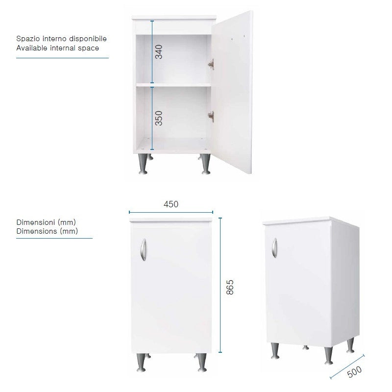 Mobile lavanderia 1 anta 45x50 cm piedini regolabili  Legno idrofugo bianco  Ripiano interno  Negrari