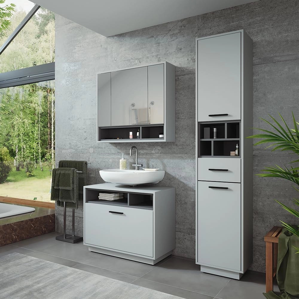 Set di mobili da bagno Beatrice, Grigio/antracite, 80 cm, composto da mobile sottolavabo, specchiera e colonna alta