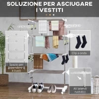 Stendino Verticale Pieghevole in Acciaio e Plastica con 6 Ruote e 4 Ripiani Regolabili, 142x55x172 cm