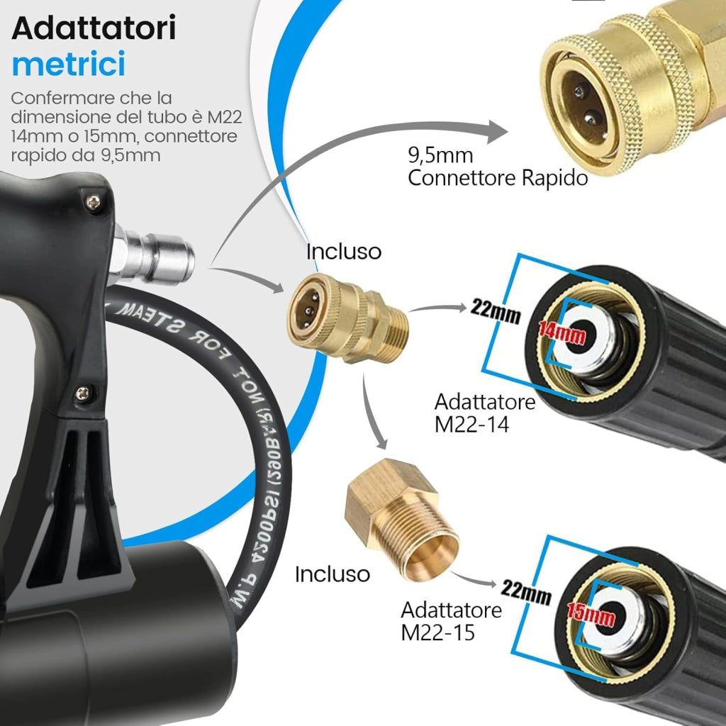 550 cm Kit di Prolunga per Idropulitrici, Lancia Telescopica per Idropulitrice con 5 Ugelli 2 Adattatori Accoppiatore Girevole e Imbracatura di Supporto, 4000PSI