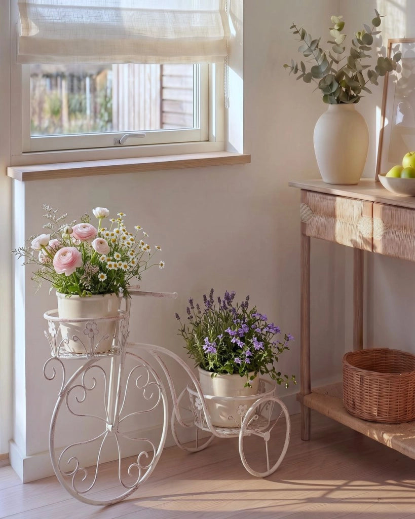Fioriera a forma di bicicletta in ferro bianco sporco 66 x 24 x 49 cm Supporto per fiori da interno ed esterno