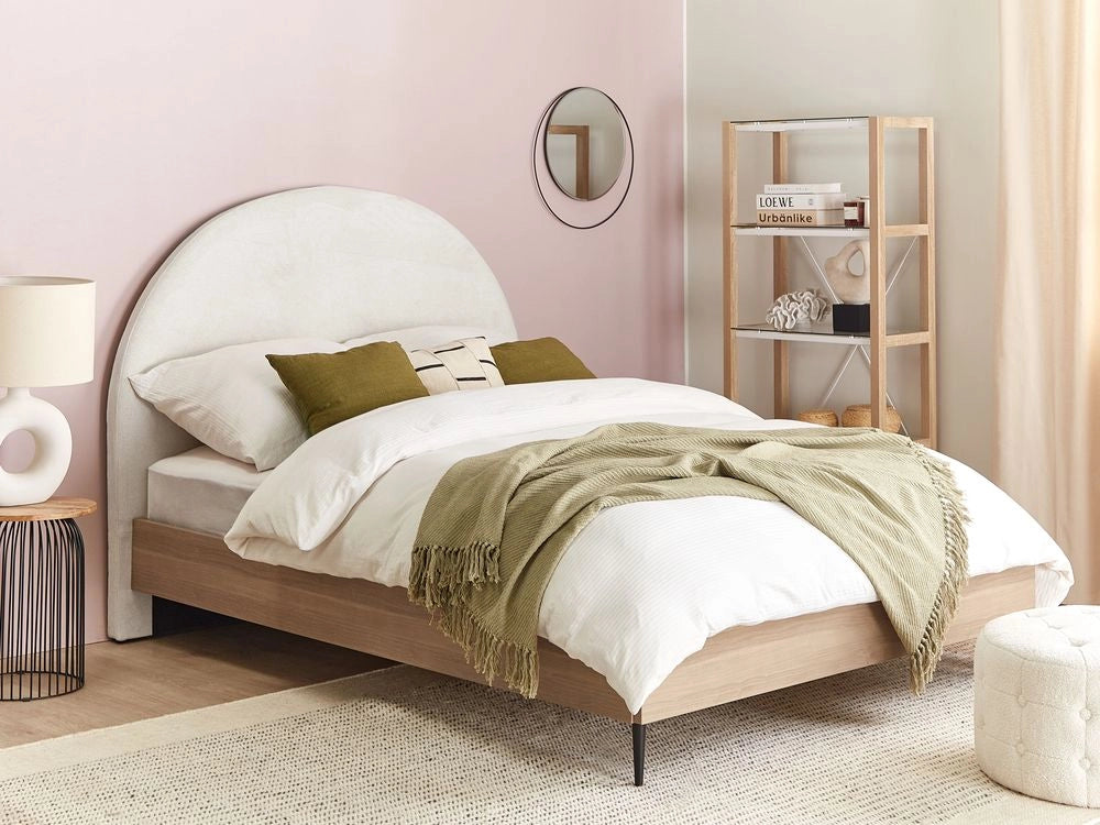 Telaio del letto in tessuto bianco e beige UE Dimensioni 140 x 200 cm Testiera imbottita Telaio in MDF Gambe in metallo Base a doghe in legno Camera da letto in stile moderno
