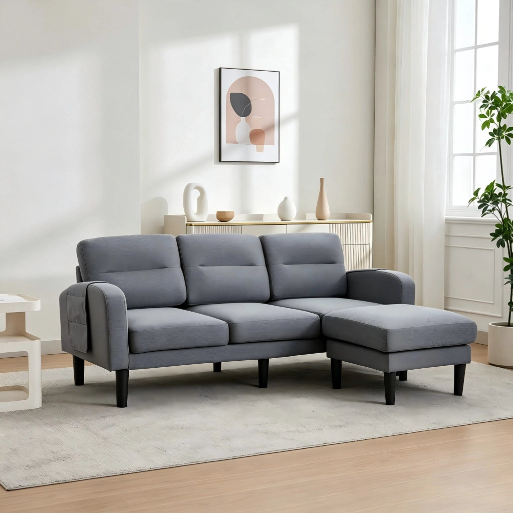 Divano angolare a L con chaise longue, 3 posti, tessuto grigio, 204x136x80 cm