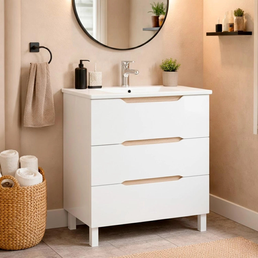Mobile Bagno A Terra Con 3 Cassettoni Soft Close E Lavabo In Ceramica Monoforo Con Troppopieno Incluso Mobiletto Design Moderno Ed Elegante Salvaspazio 80 x 45 x 86 Cm Colore Bianco