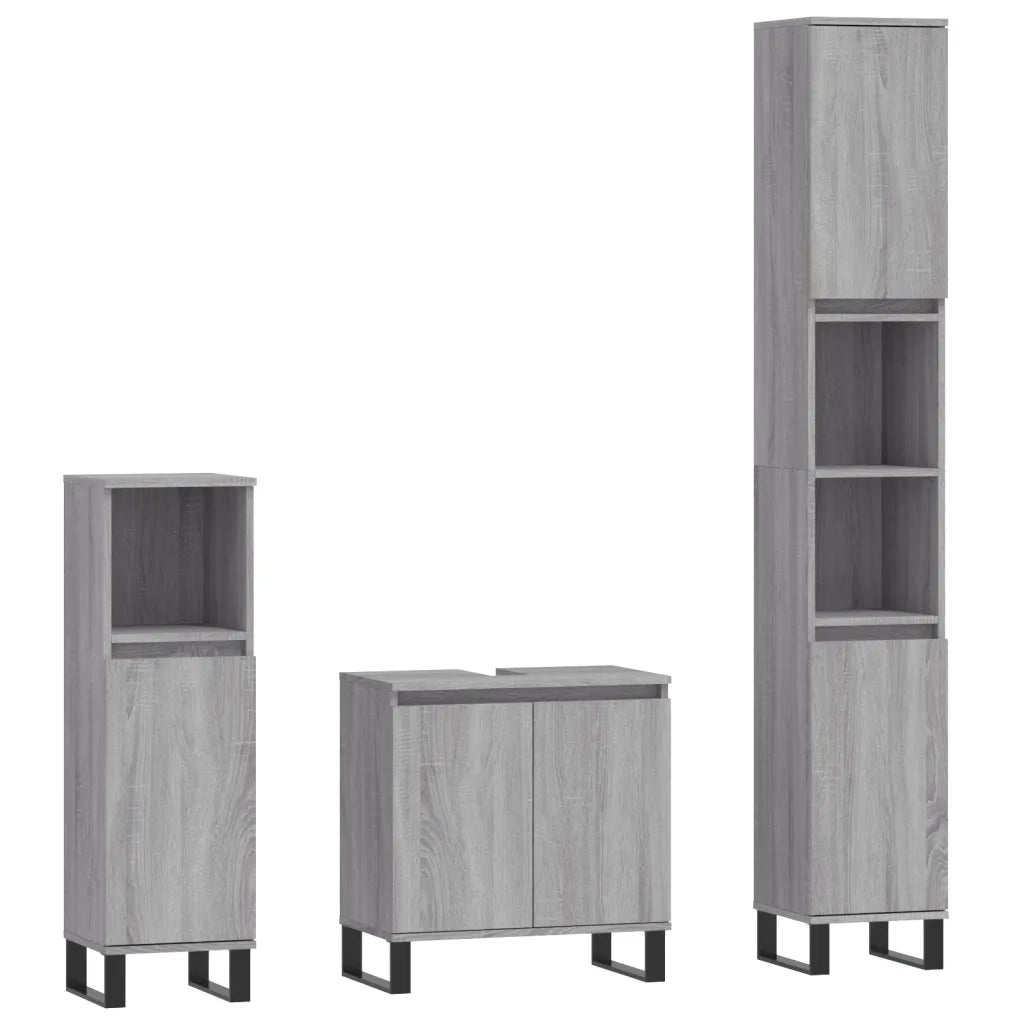 Set Mobili da Bagno | Armadio da bagno 3 pz Grigio Sonoma in Legno Multistrato