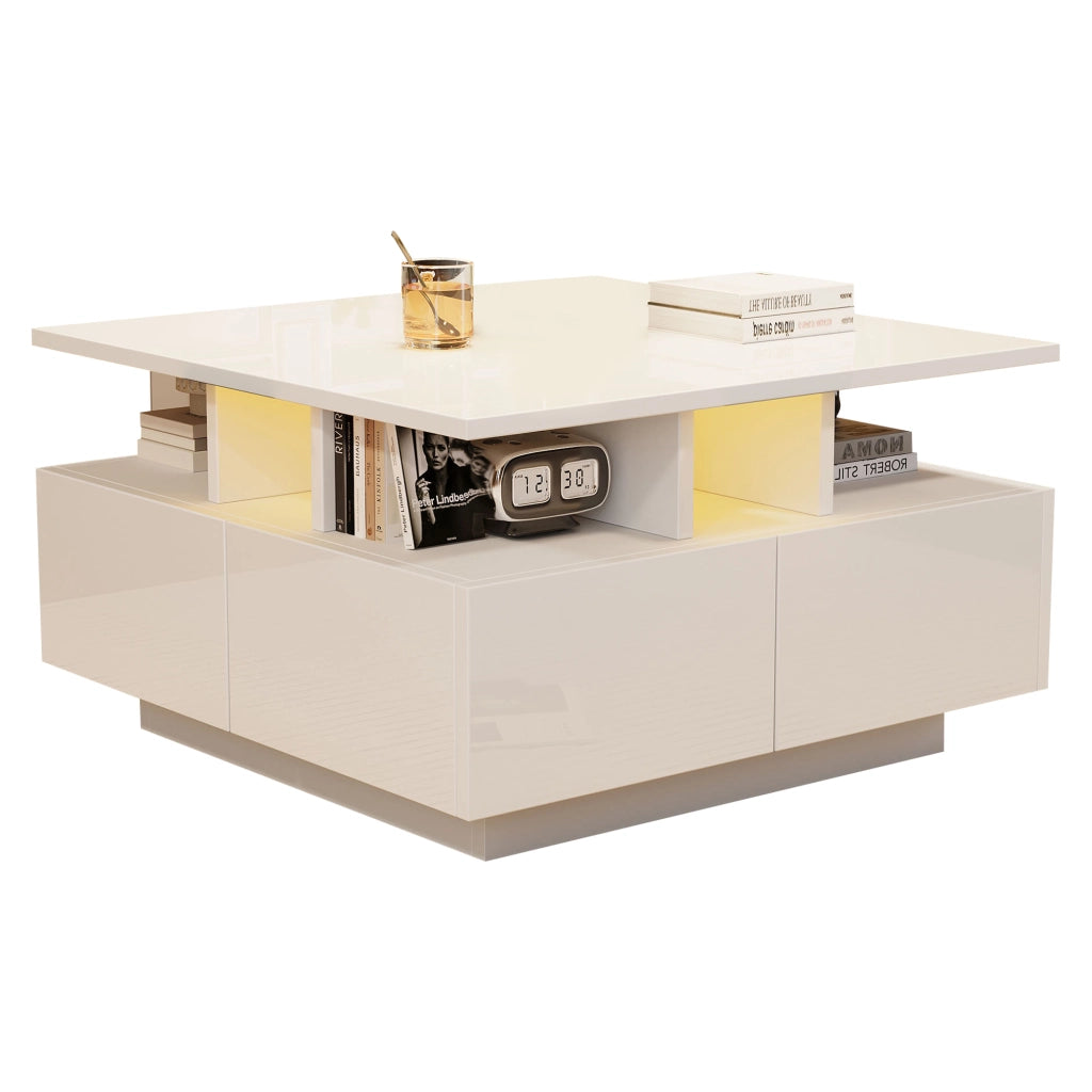 TAVOLINO DA SALOTTO 70x70x40 cm Bianco Lucido con 4 Cassetti e LED