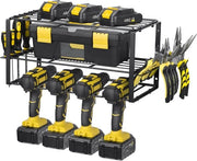 Sistema di Supporto per Strumenti a Parete in Metallo - 3 Livelli di Supporto per Strumenti con 4 Posizioni per Batterie e 2 Orecchioni per Allenatori Laterali - Conservazione Strumenti per Garage e Officina