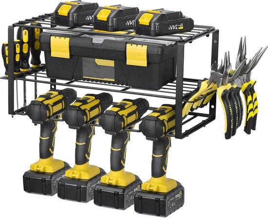 Sistema di Supporto per Strumenti a Parete in Metallo - 3 Livelli di Supporto per Strumenti con 4 Posizioni per Batterie e 2 Orecchioni per Allenatori Laterali - Conservazione Strumenti per Garage e Officina