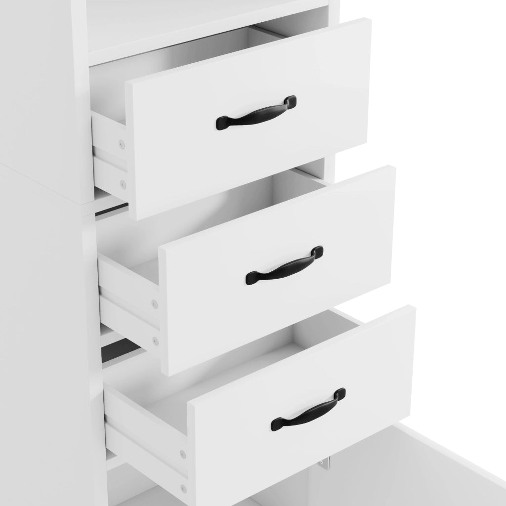 Armadietto da bagno con 3 cassetti, vani aperti e ripiano regolabile in MDF laccato, bianco, 38 × 26 × 172,5 cm