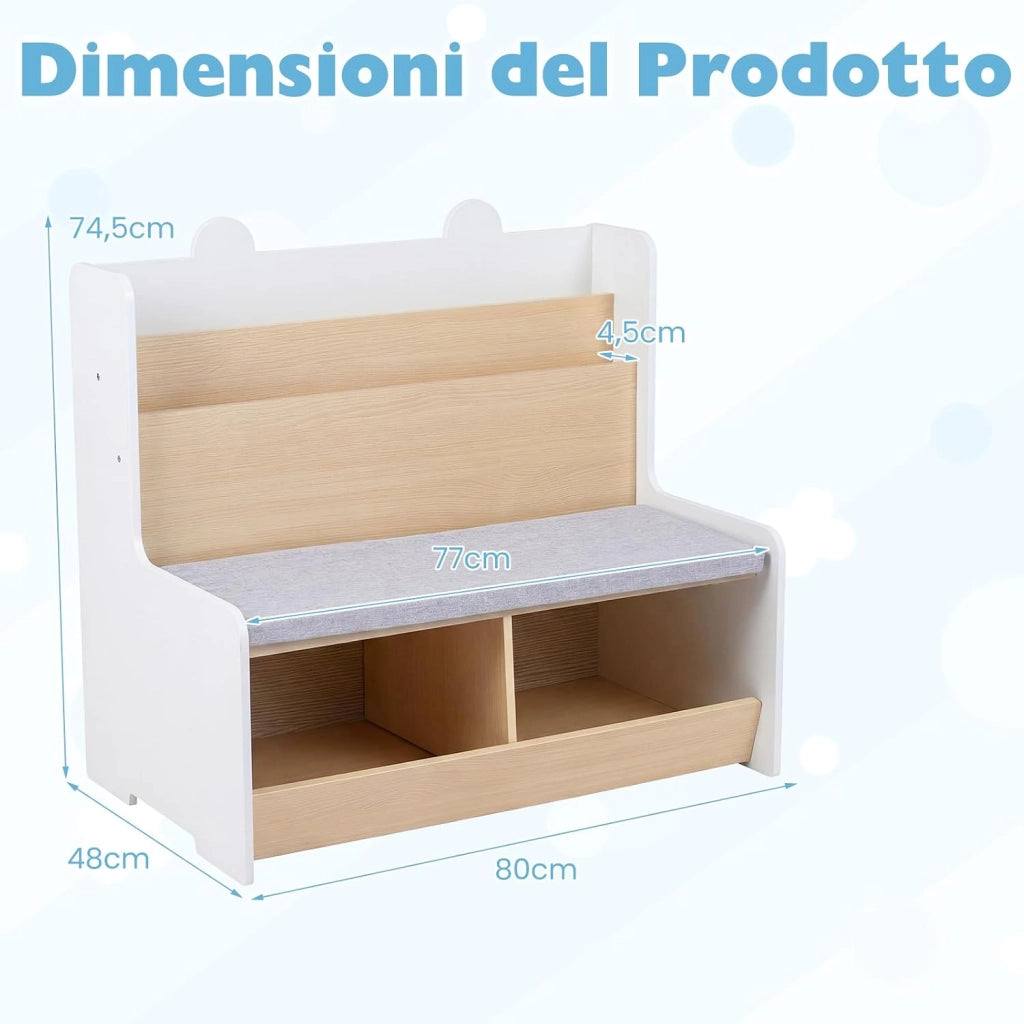 Libreria Montessoriana Salvaspazio per Bambini con Panchina Bianco | Porta Libri Bambini con Portariviste a 2 Ripiani, 2 Scomparti Aperti e Cuscino Seduta Rimovibile per Cameretta