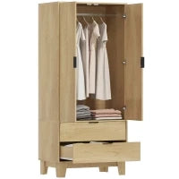 Armadio con 2 ante a chiusura ammortizzata, 2 cassetti e barra appendiabiti, 80x50x180cm, Legno naturale