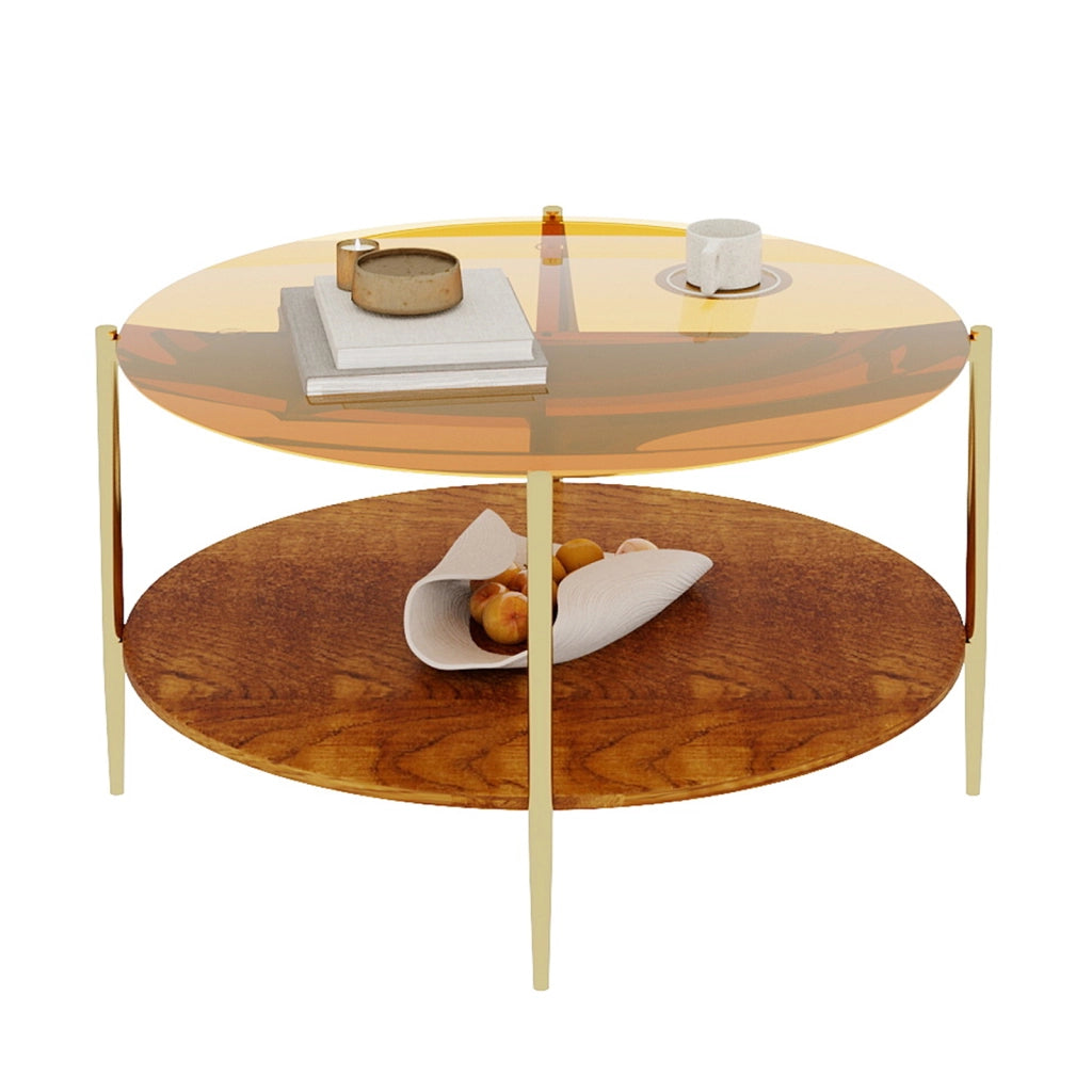 Tavolino da caffè con piano in vetro e base in legno - per soggiorno - Ø 82 cm - oro