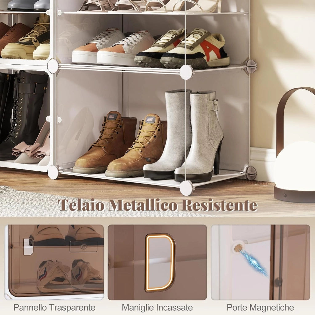 Scarpiera Salvaspazio a 8 Scomparti, Porta Scarpe da 32 Paia con Mensole Rimovibili, Ganci Laterali e Porte Magnetiche, Scatole per Scarpe Impilabile in Plastica (95×32×126 cm)