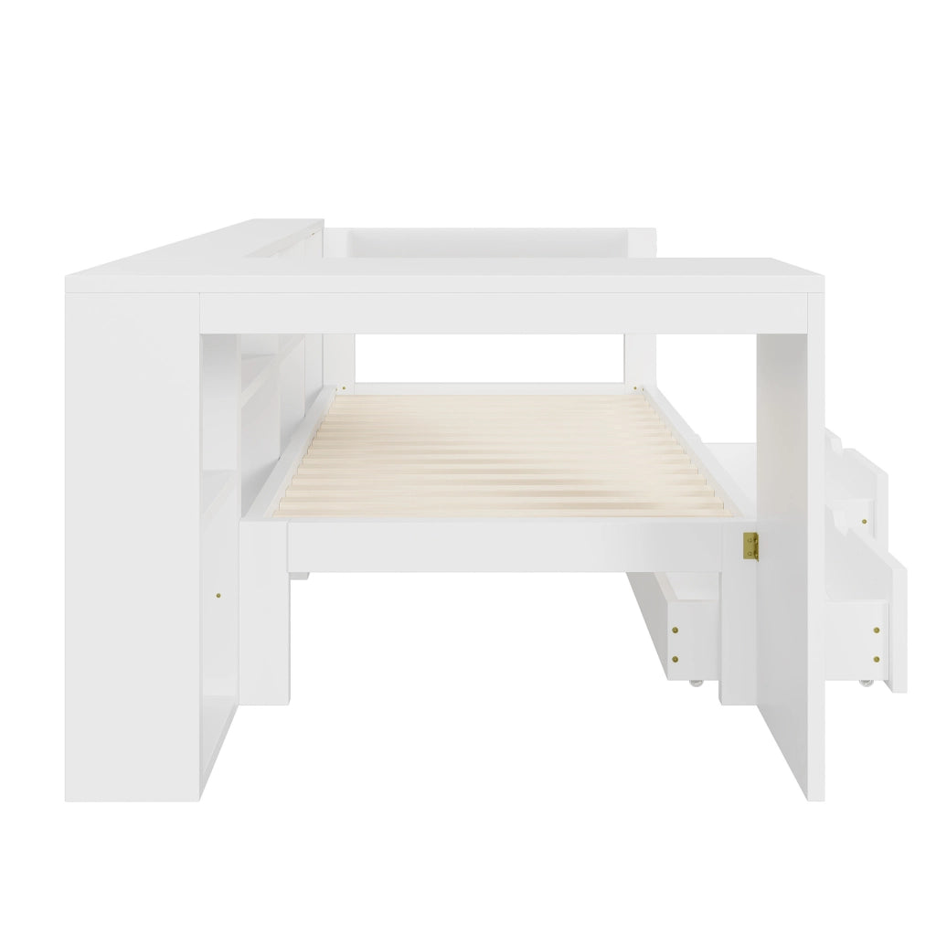 Letto a piattaforma 90x200 cm con testiera imbottita; contenitore; USB e LED; bianco