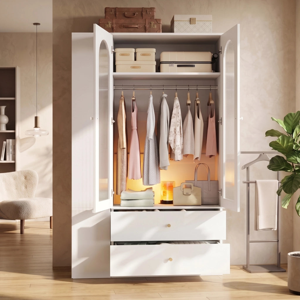Armadio 120x50x200 cm con 4 cassetti e 2 ante in vetro MDF bianco