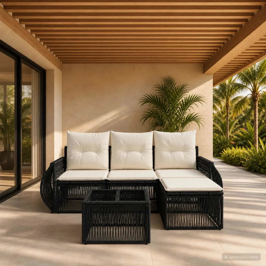 Set Divano da Giardino 5 pcs Nero e Bianco Crema polyrattan 3435400