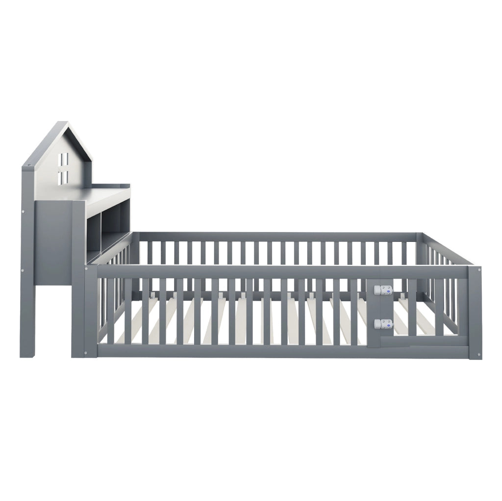 Lettino per bambini a forma di casa 90x200 cm in legno massello grigio; con ripiani e porta