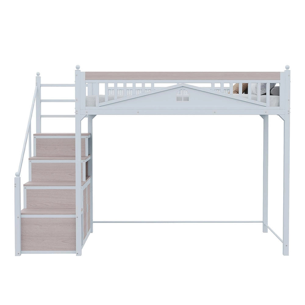 Letto a soppalco per bambini - Xylo - 90x200 cm - Bianco - Scala intercambiabile sinistra/destra con casiers di sicurezza