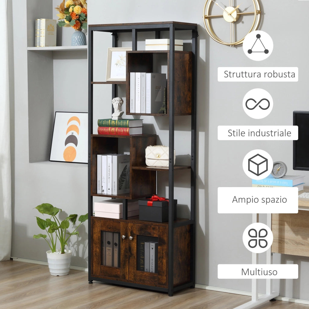 EasyComfort Mobile Libreria Scaffale in Stile Industriale con Armadietto a 2 Ante, Scaffale Salvaspazio a 8 Ripiani per Casa e Ufficio, 70x30x180cm, Marrone