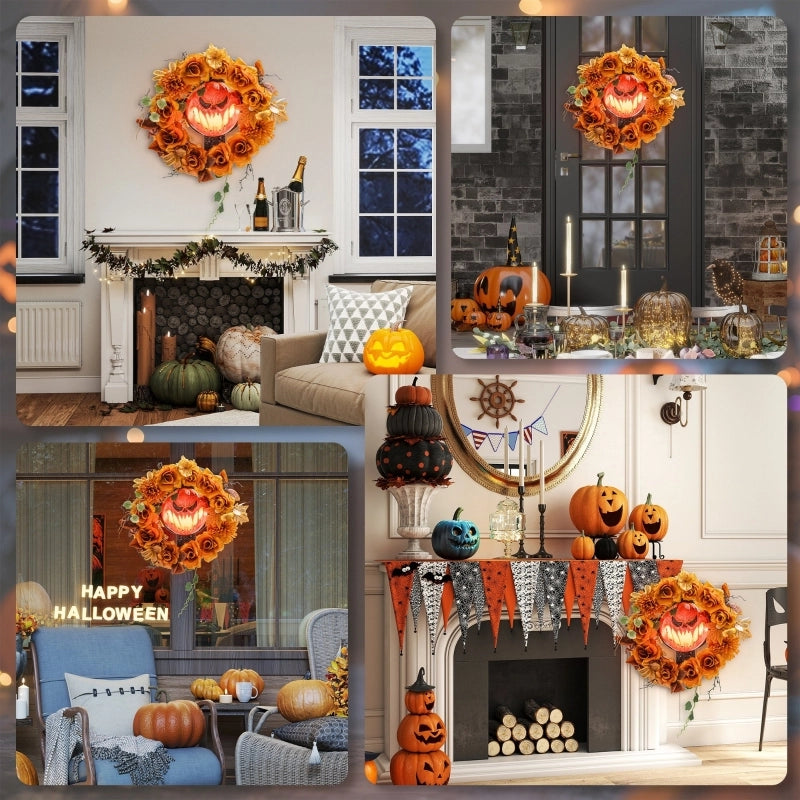 Ghirlanda di Halloween, design spettrale con zucche, foglie autunnali, effetti di luce, plastica