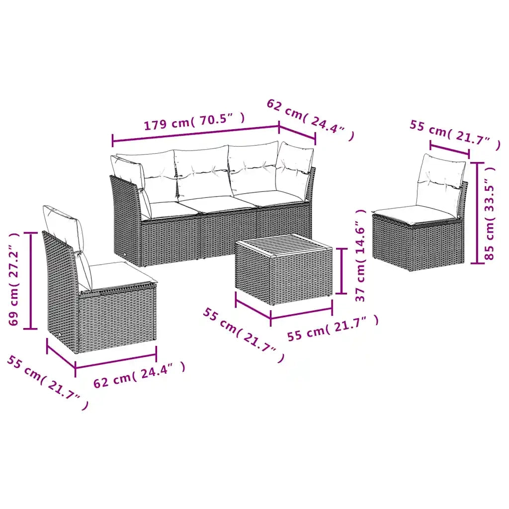 Set Divani da Giardino 6 pz con Cuscini Nero in Polyrattan