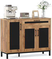 Credenza Buffet da 120 cm, Mobile Bar in Legno con Cassetto, 3 Ante, Ripiani e Gambe in Metallo, Mobile Contenitore in Stile Farmhouse per Cucina, Sala da Pranzo e Soggiorno