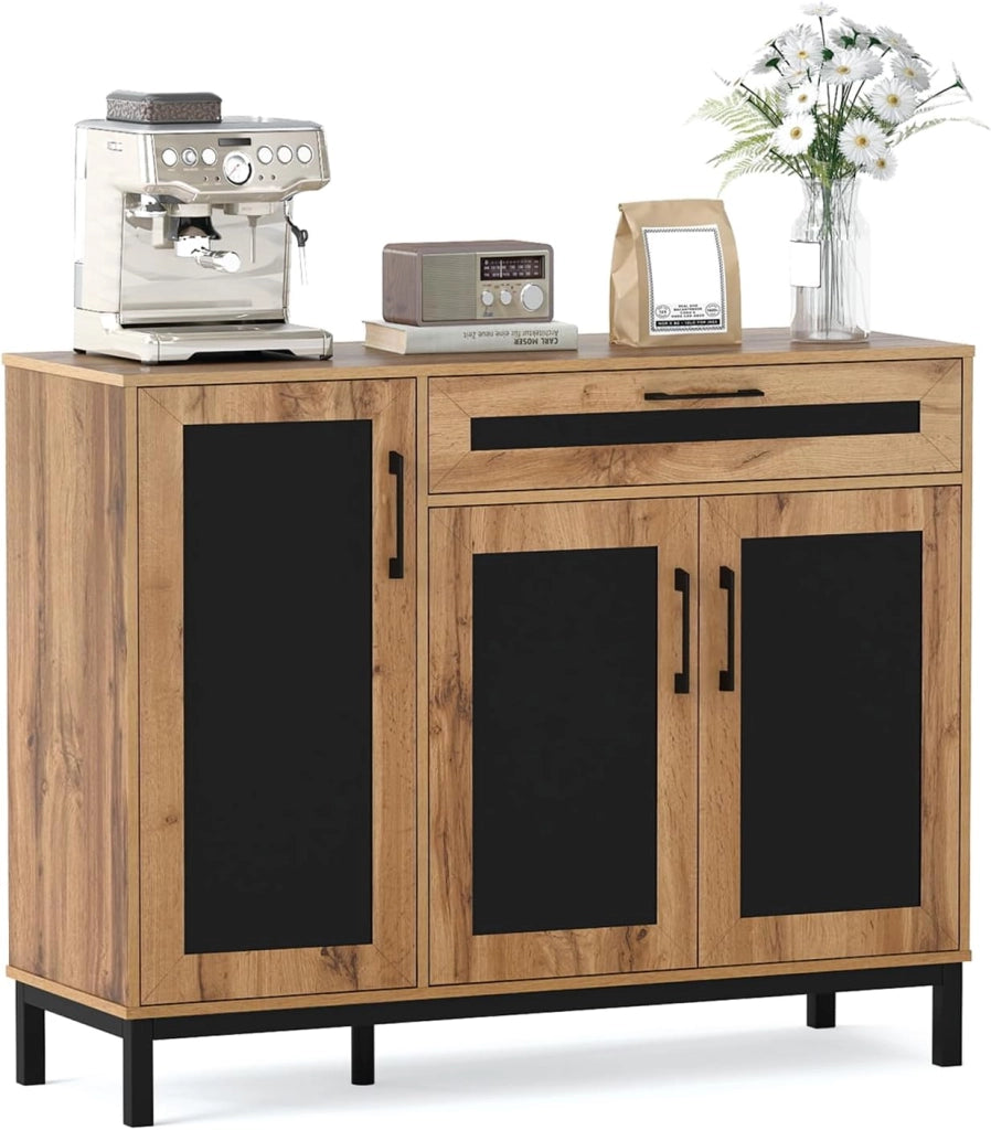 Credenza Buffet da 120 cm, Mobile Bar in Legno con Cassetto, 3 Ante, Ripiani e Gambe in Metallo, Mobile Contenitore in Stile Farmhouse per Cucina, Sala da Pranzo e Soggiorno
