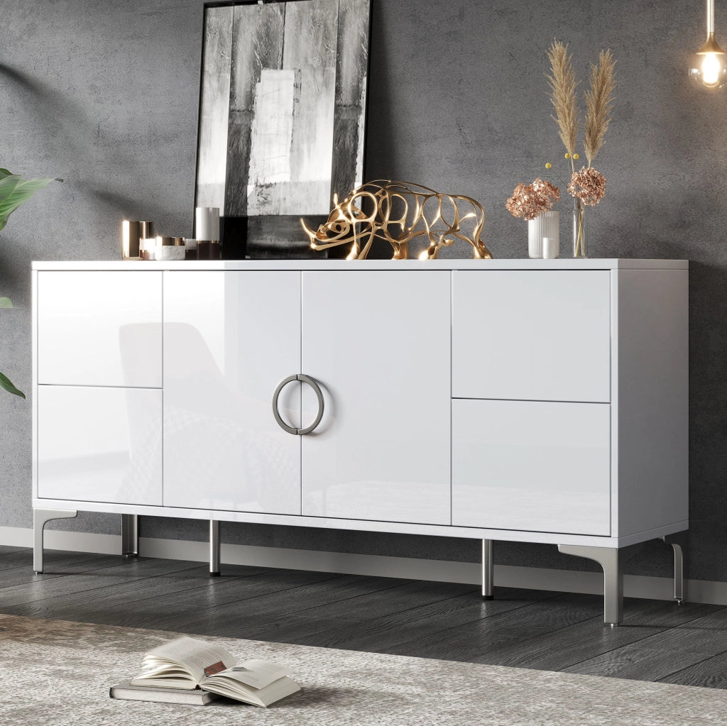 Madia bianca lucida in MDF 150 cm con 4 cassetti e 2 ante
