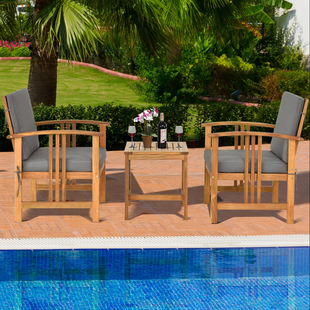 Set divano da esterno in legno di acacia a 3 pezzi con cuscini, Set di mobili da conversazione imbottiti per giardino Grigio-Set mobili da esterno